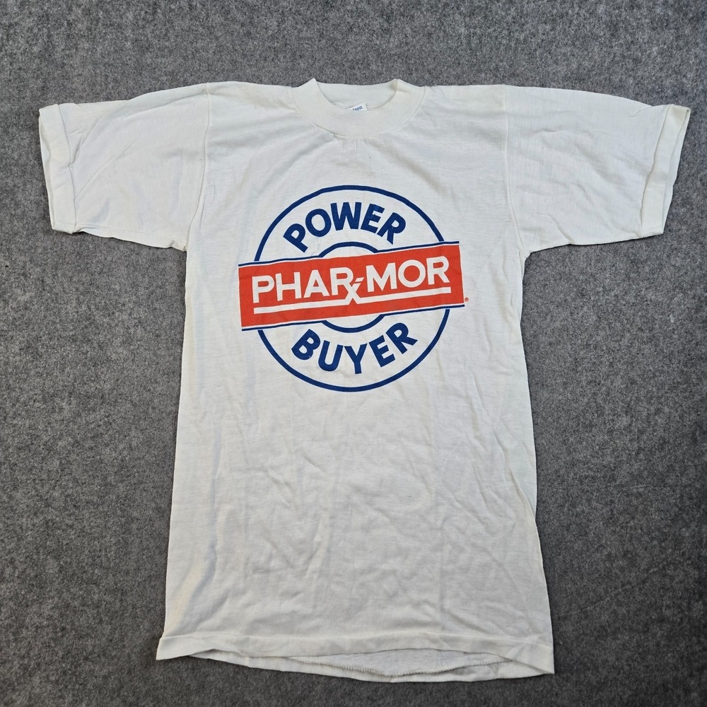 VTG 80s Phar-Mor Power‎ Buyer Drug Pharmacy T-Shirt Size M Single Stitch White
